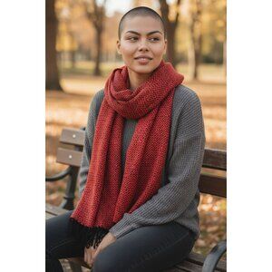 Red & Black Acrylic Woven Scarf With Fringe